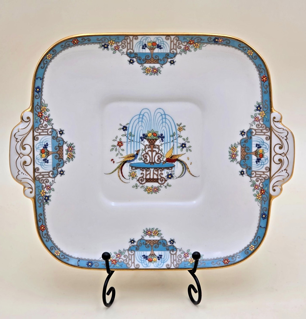 Vintage Lenox Fountain Square Handled Cake Plate 8.5" Art Deco Birds Porcelain